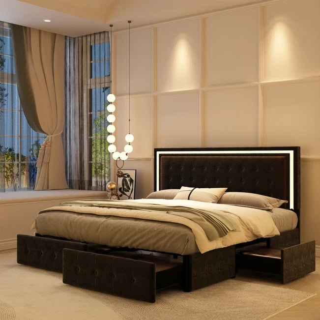 LED Bed Frame with 4 Storage Drawers & Upholstered Headboard