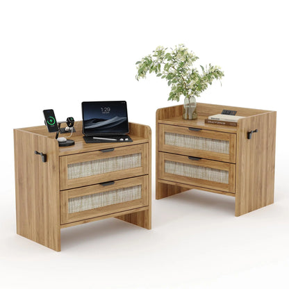 Modern Rattan Nightstand Set of 2 with Charging Station