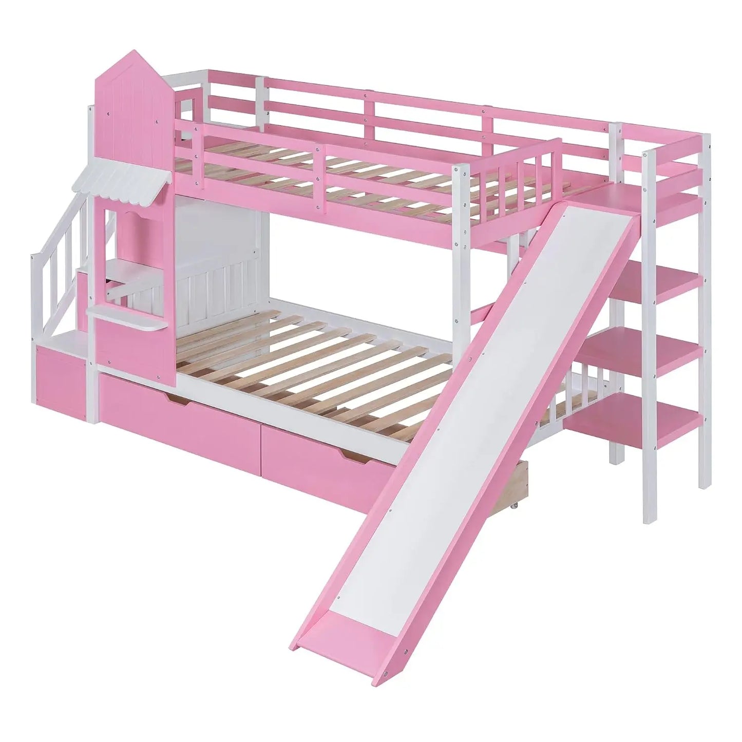 Castle Style Kids Bunk Bed with Stairs and Slide