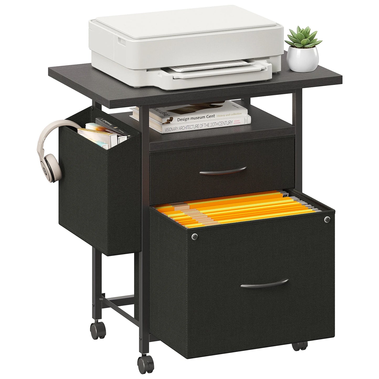 Mobile Printer Stand with Open Shelf & Side Storage Bag