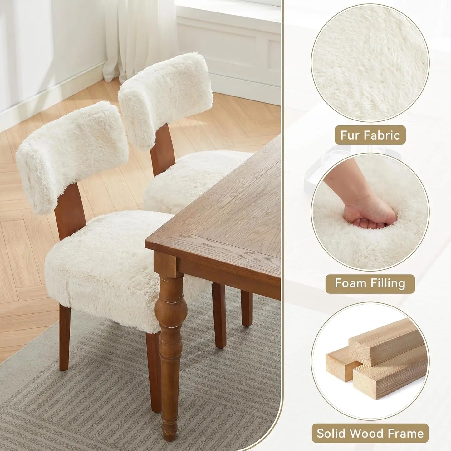 Set of 4 Mid-Century Fur Fabric Dining Chairs with Curved Backrest & Wood Legs