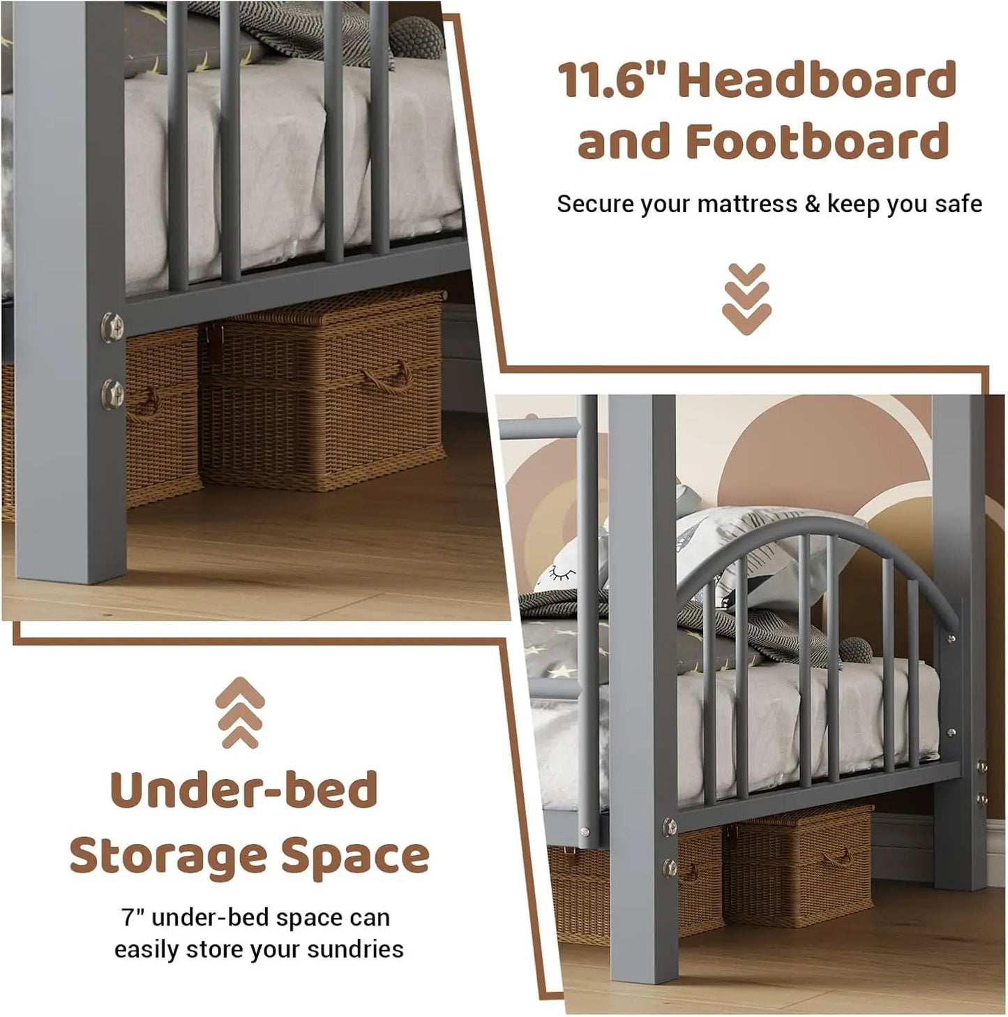 Metal Bunk Beds Twin Over Twin Size with Safety Guardrail & Ladder
