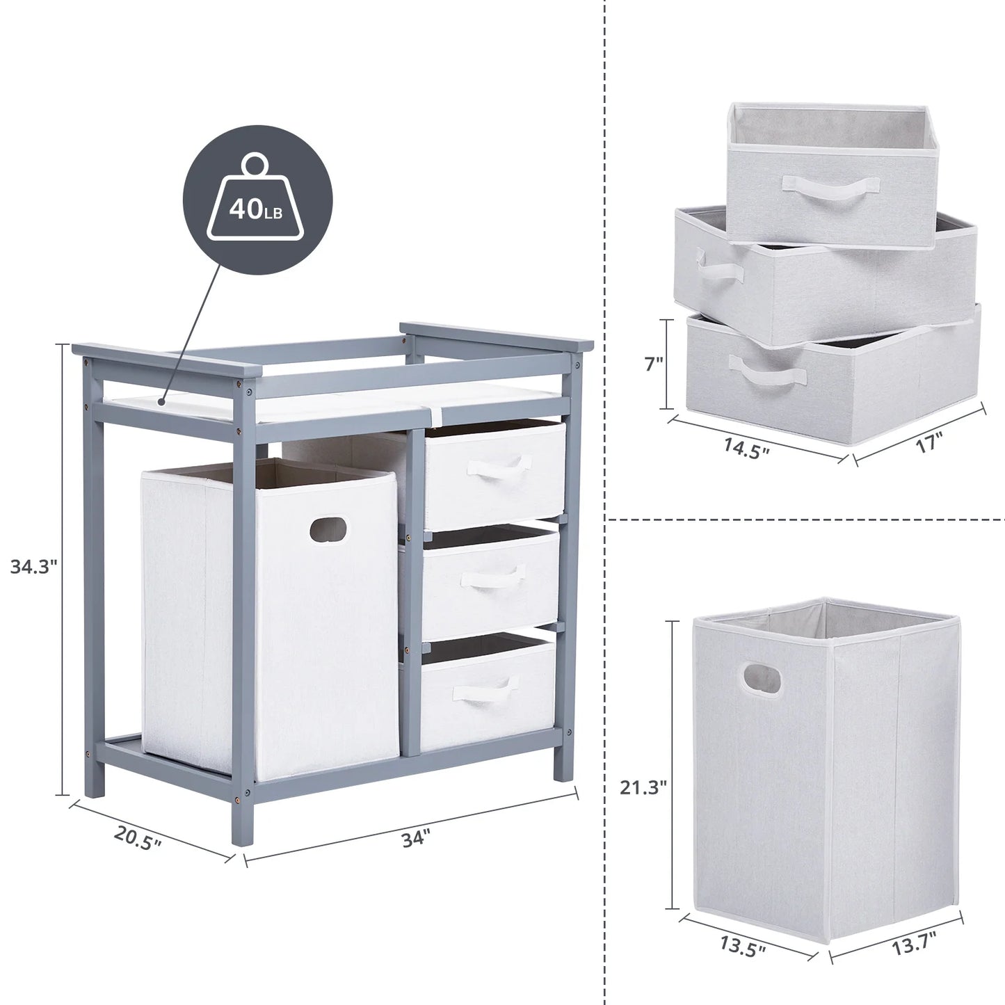 Wooden Diaper Changing Station Dresser with Laundry Hamper