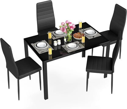 5-Piece Glass Dining Table Set for 4 with Upholstered Chairs