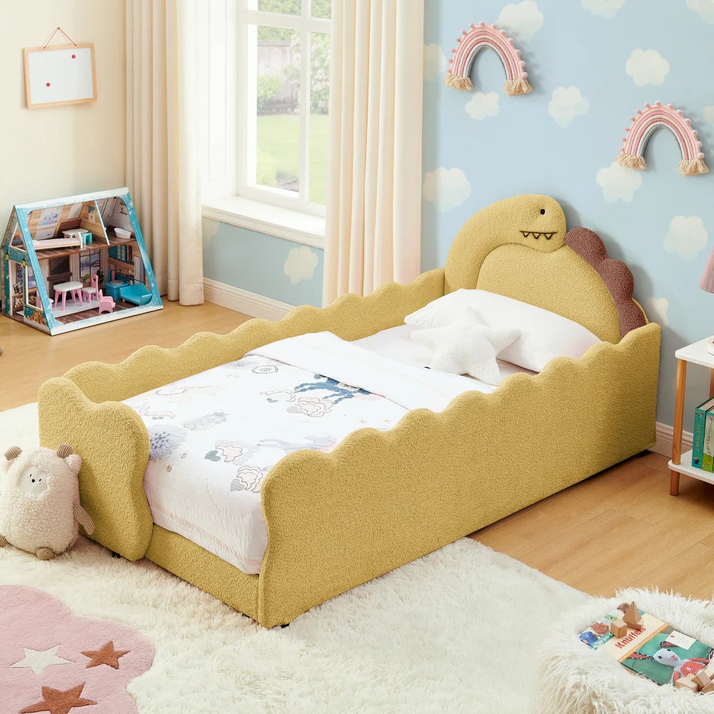 Twin Size Cute Dinosaur-Shaped Kids Bed with Safety Guardrails