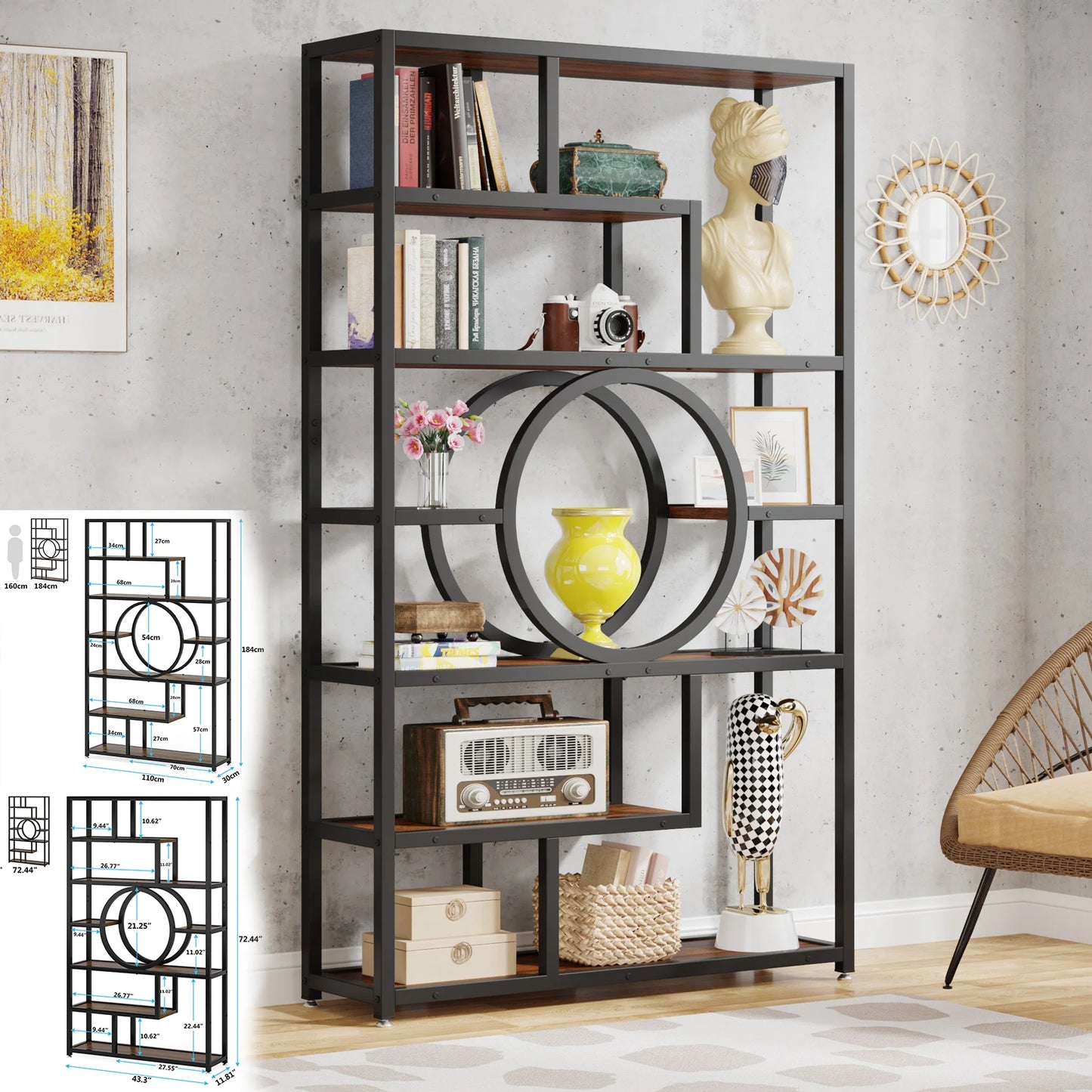 Elegant Geometric 5 Tier Bookshelf with Open Display Shelves