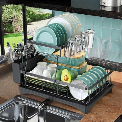 Large 2-Tier Dish Drying Rack w/Draining Tray for Countertops