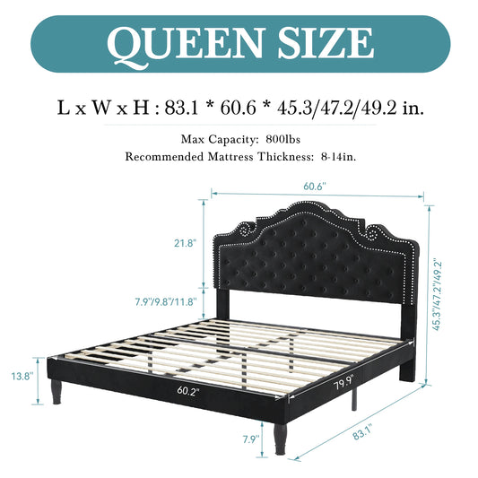 Velvet Bed Frame with Adjustable Tiara Headboard