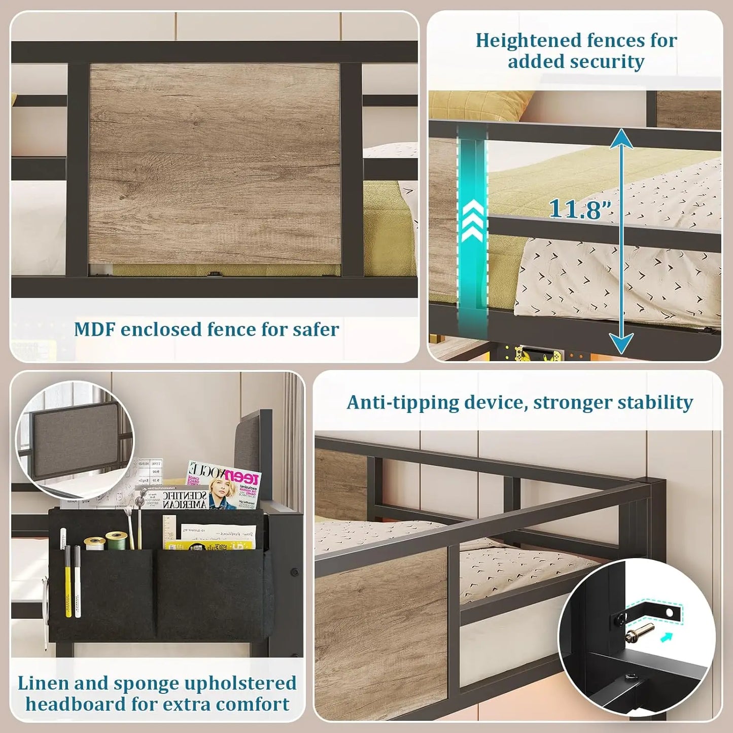 Full Size Loft Bed with Desk, Drawers, Shelves & Charging Station