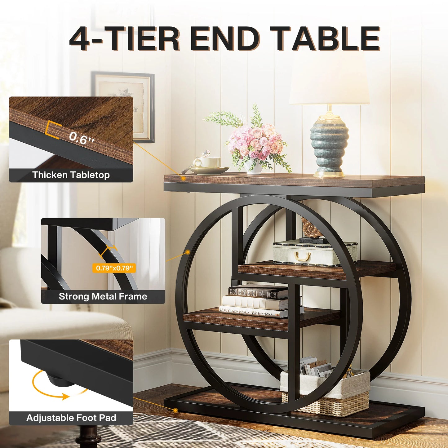 4-Tier Narrow Side End Table with Storage Shelves