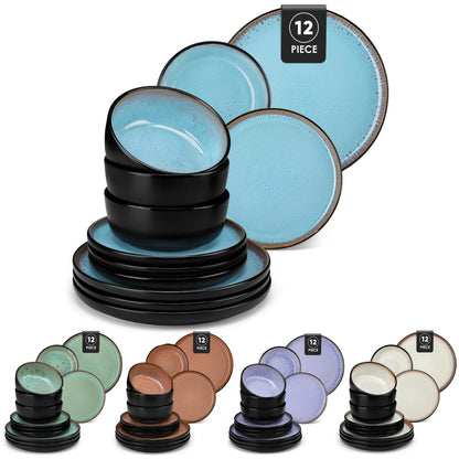 12/16 Piece Matte Black Stoneware Plats Set