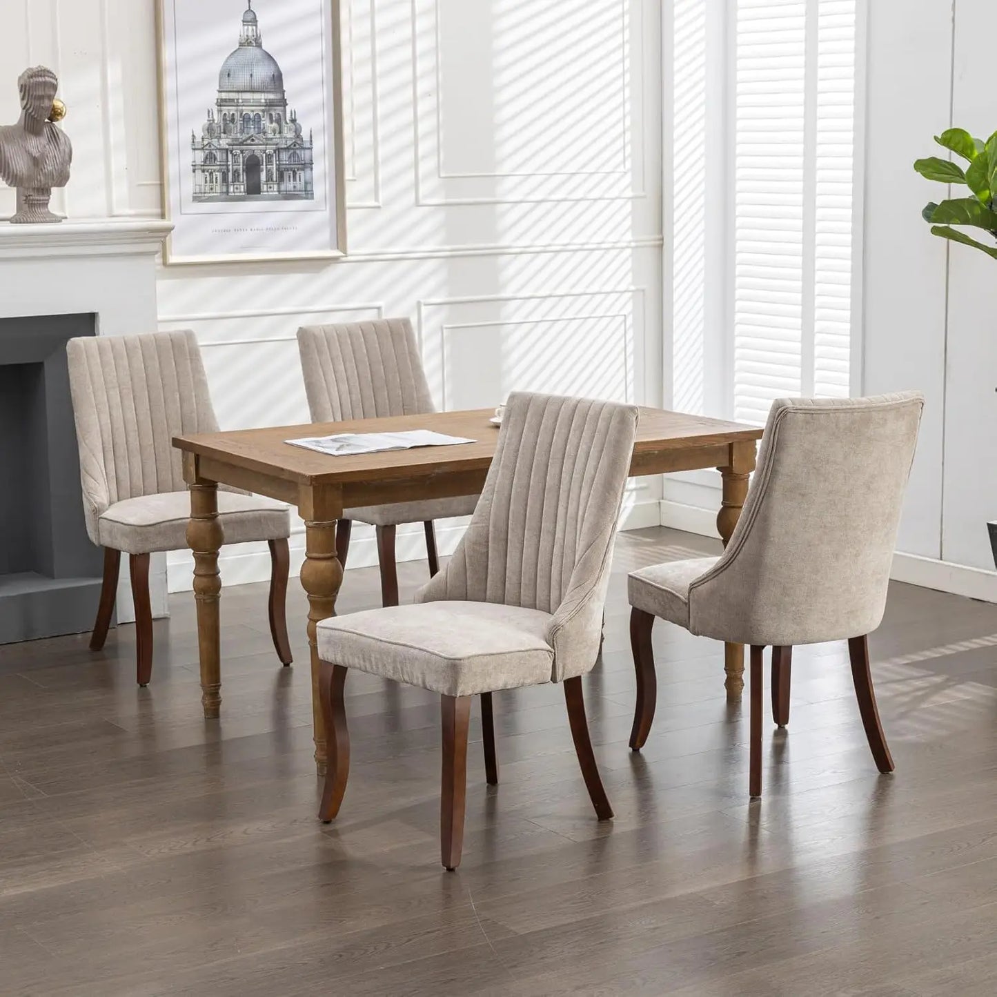 Set of 6 Velvet Upholstered Dining Chairs with Wood Legs