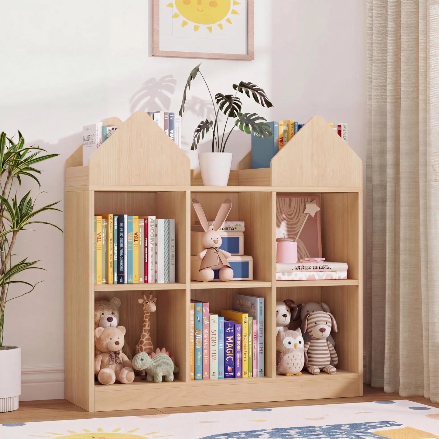 Castle Design Toy Storage Organizer with Book Racks & Open Cubbies