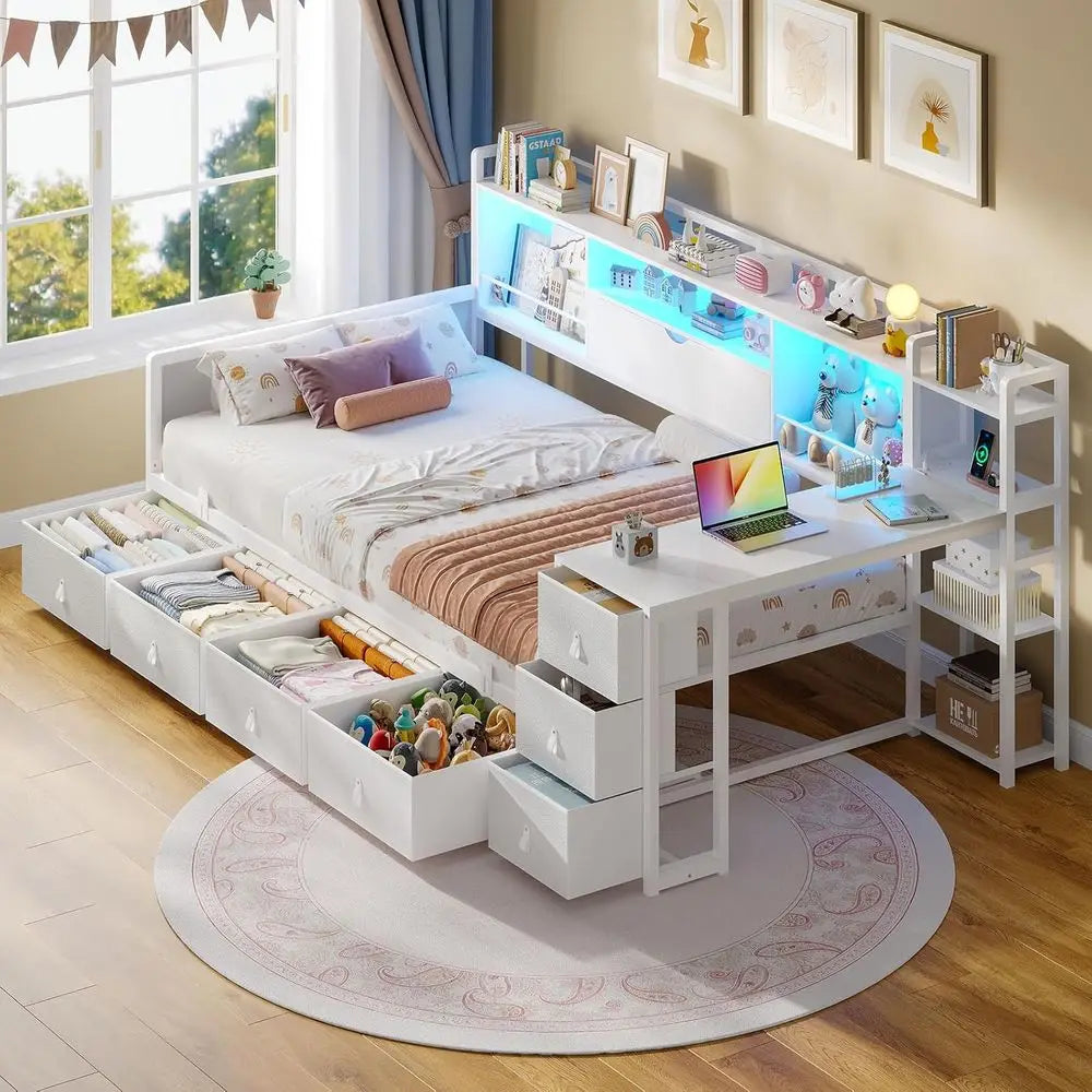 Twin Bed with Desk, Charging Station, Drawers & Bookcase