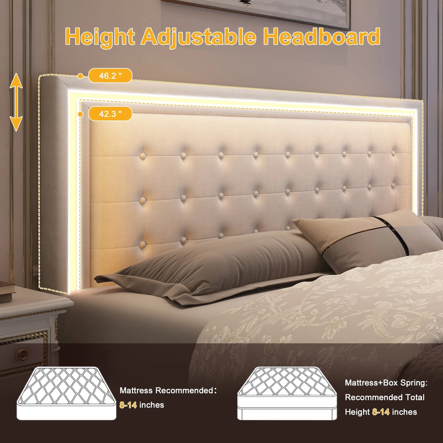 LED Bed Frame with 4 Storage Drawers & Upholstered Headboard