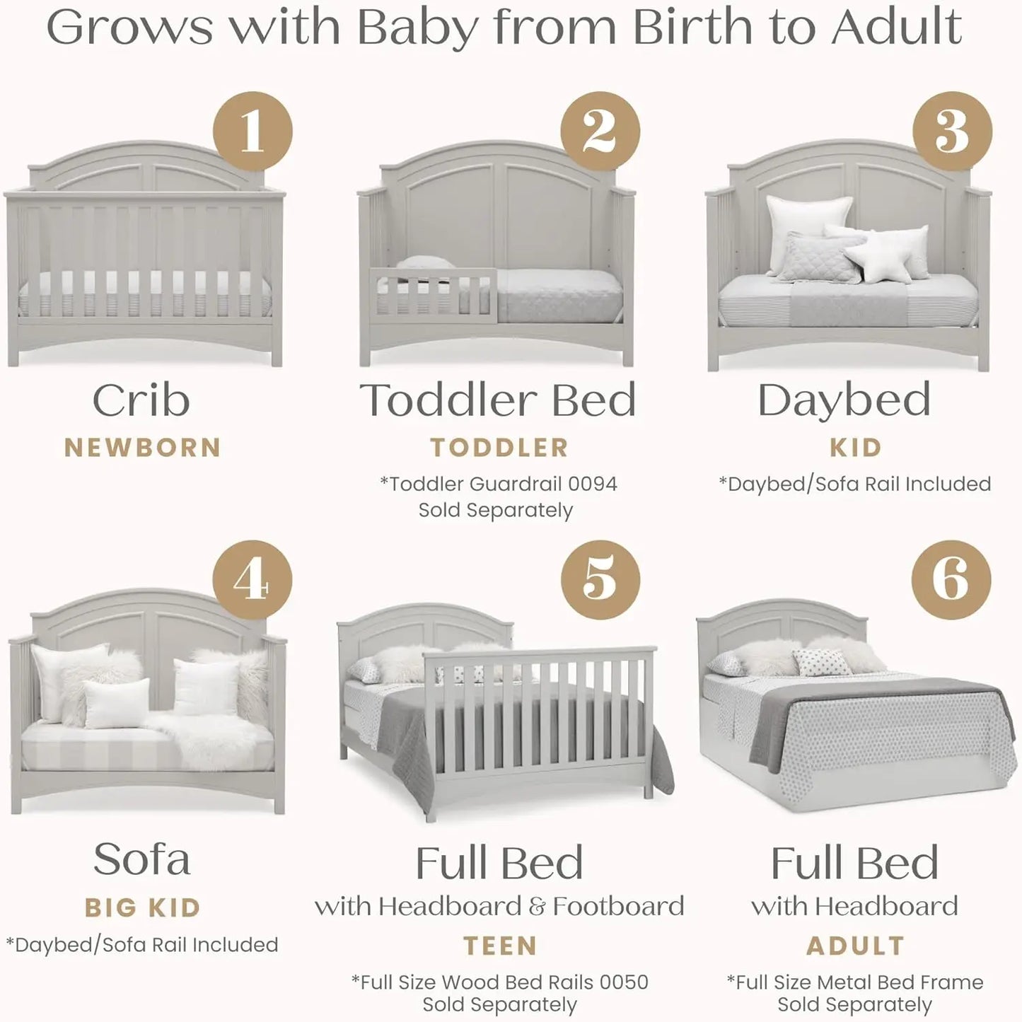 6-in-1 Convertible Crib with Adjustable Height for Baby Safety