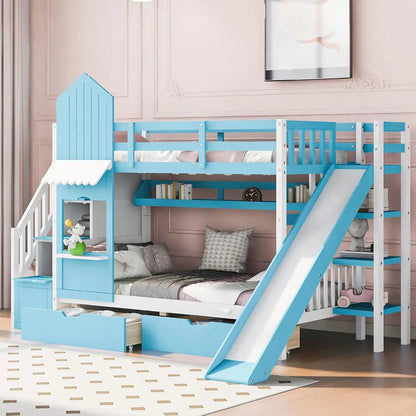 Castle Style Kids Bunk Bed with Stairs and Slide