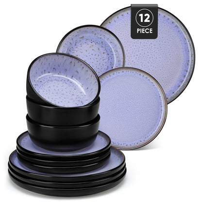 12/16 Piece Matte Black Stoneware Plats Set
