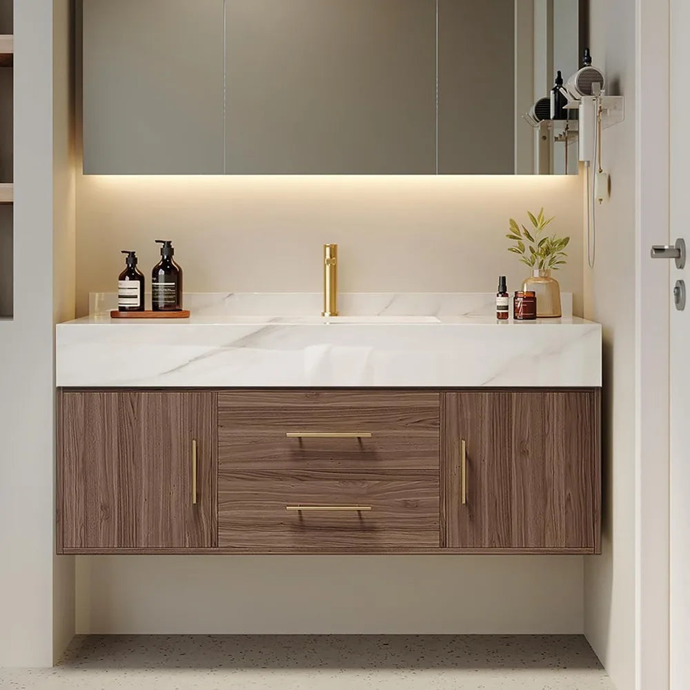 Floating Bathroom Vanity with Sintered Stone Vessel Sink 2 Drawers