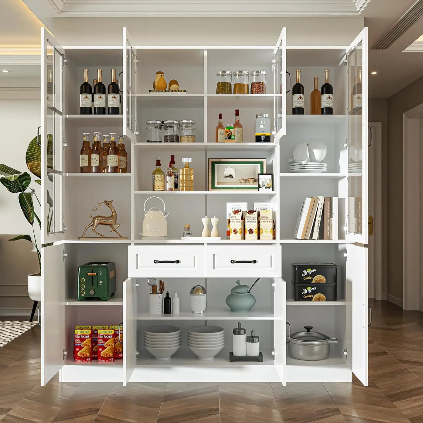 Large China Hutch with 2 Drawers, 5 Adjustable Shelves & Glass Doors