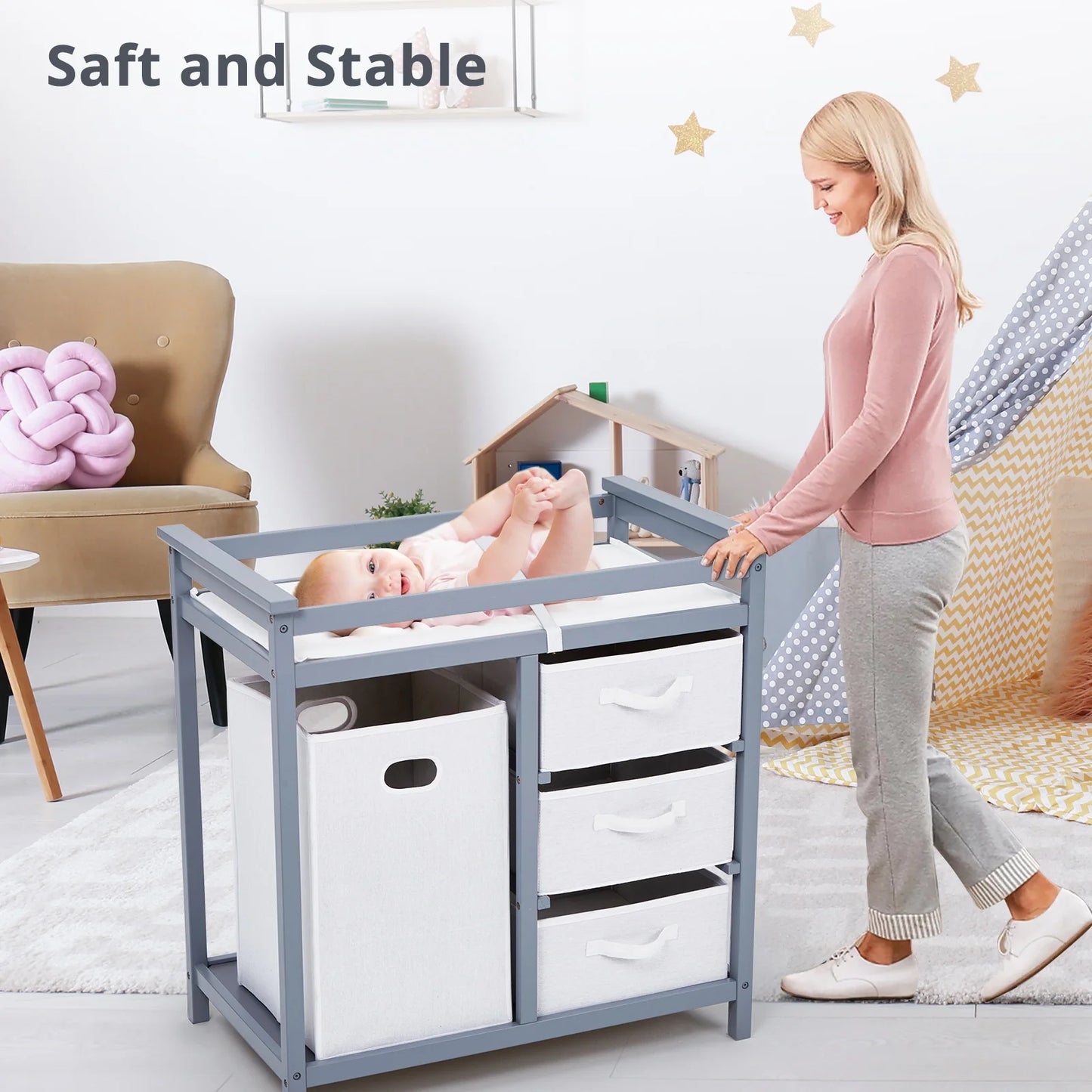 Wooden Diaper Changing Station Dresser with Laundry Hamper