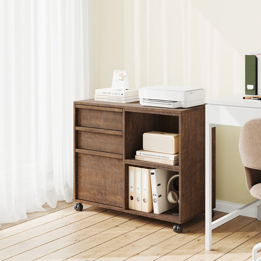 Rolling 3 Drawer Wood File Cabinet with Open Storage Shelves