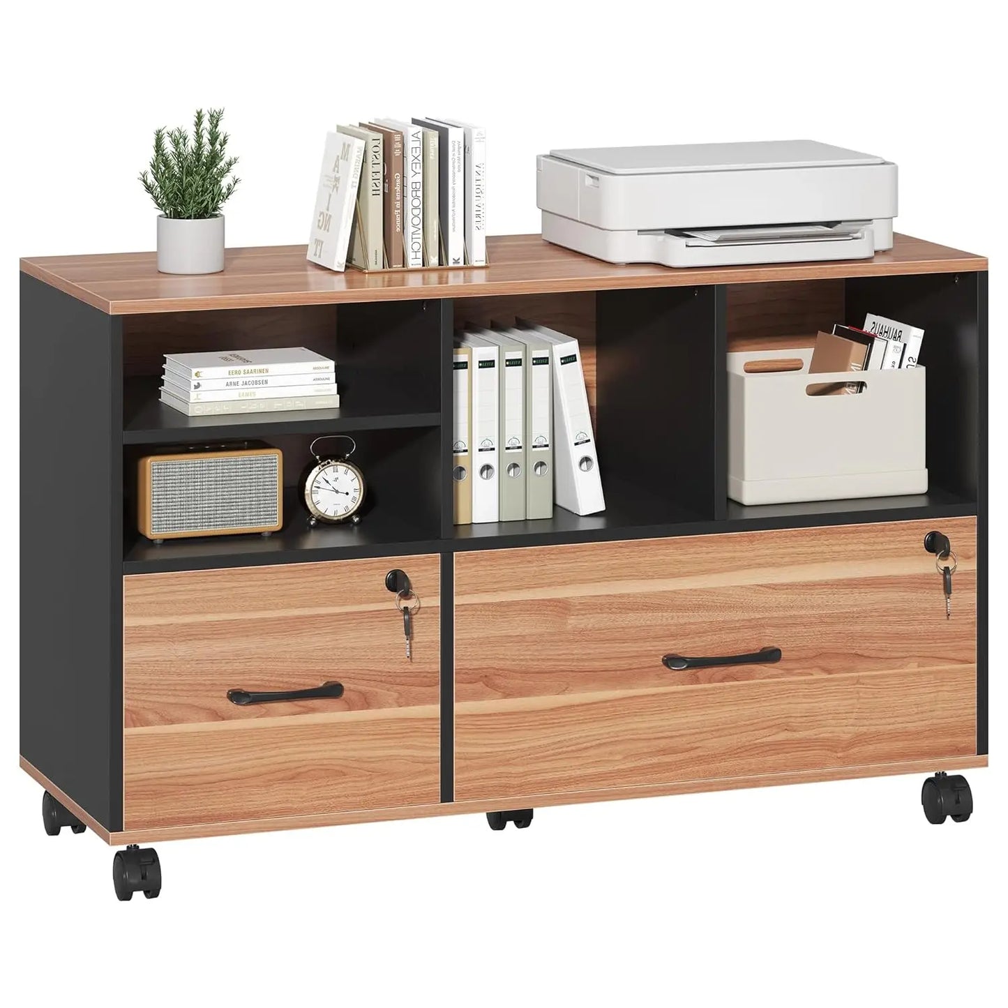 Portable 2 Drawer Wood Lateral File Cabinet with Lock