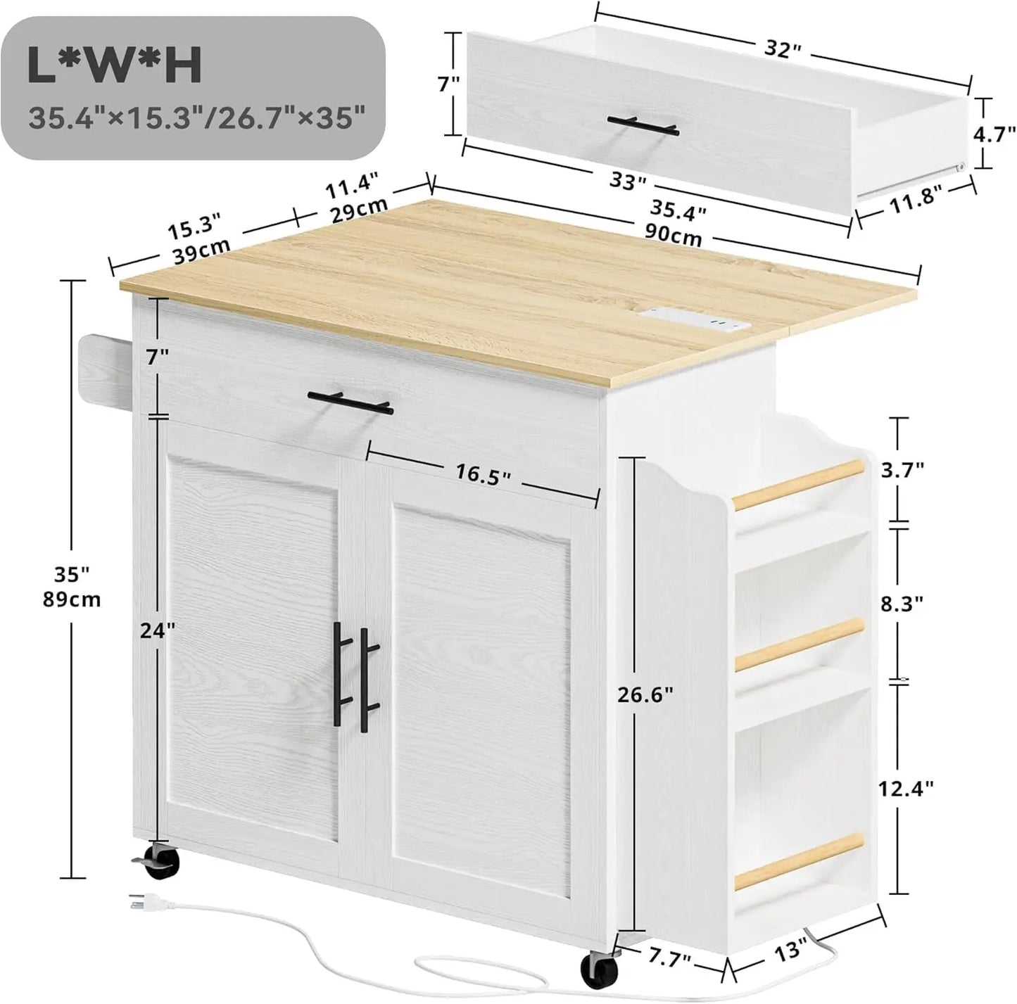 Rolling Kitchen Island with Drop Leaf & Spice Rack Shelf