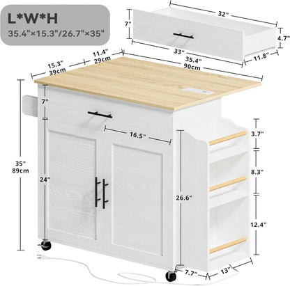 Rolling Kitchen Island with Drop Leaf & Spice Rack Shelf