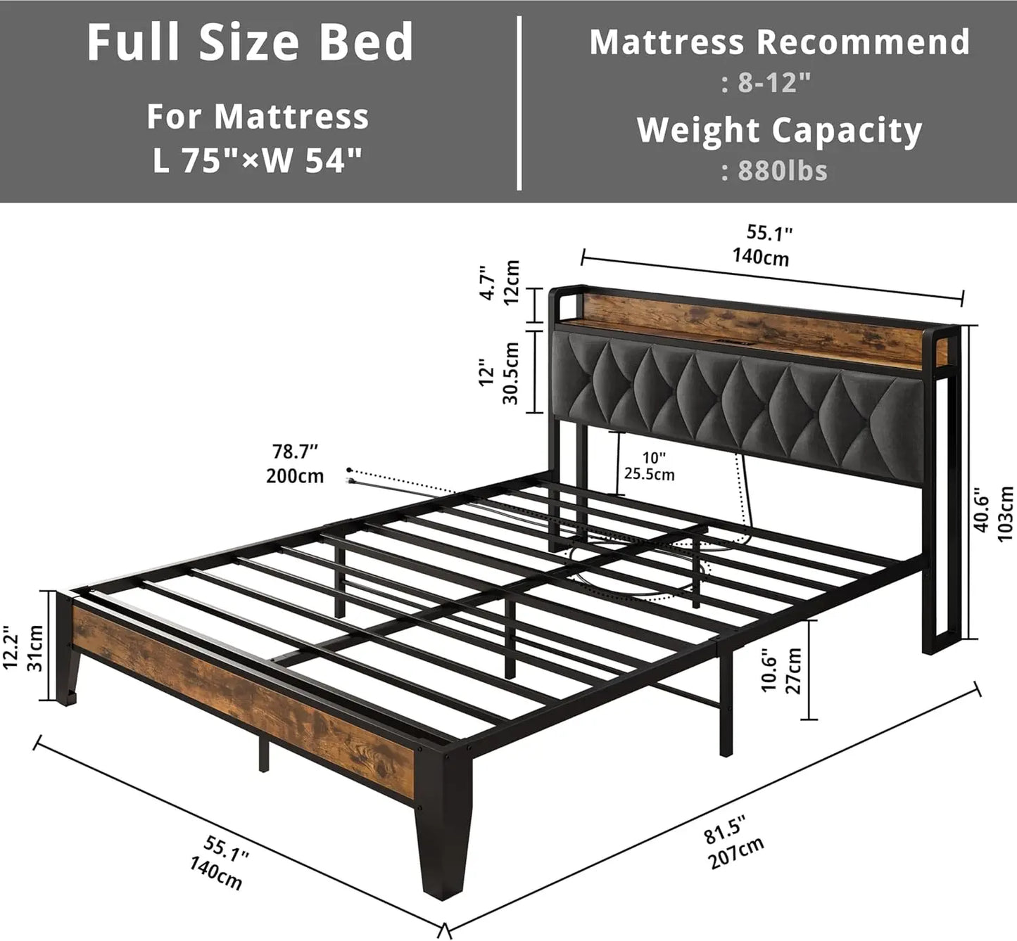 Multi Size Bed Frames with Storage Headboard