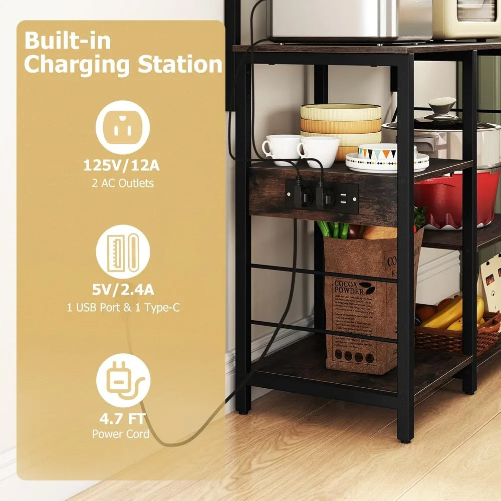 7-Tier Microwave Stand with Power Outlet & Storage Shelves