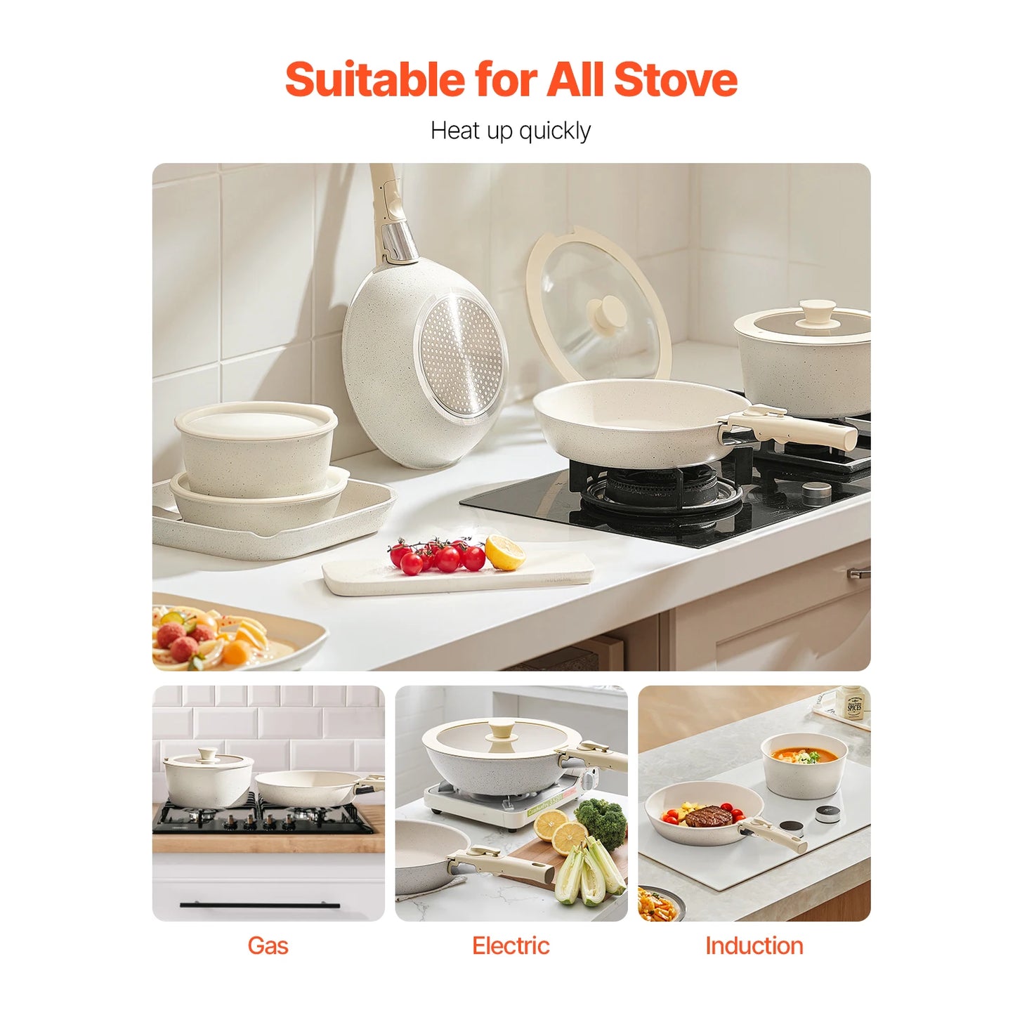 17 Piece Nonstick Cookware Set with Detachable Handle