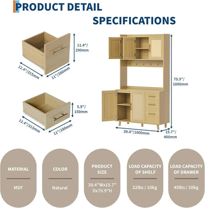 Rattan Kitchen Pantry Cabinet with 3 Drawers & Adjustable Shelves