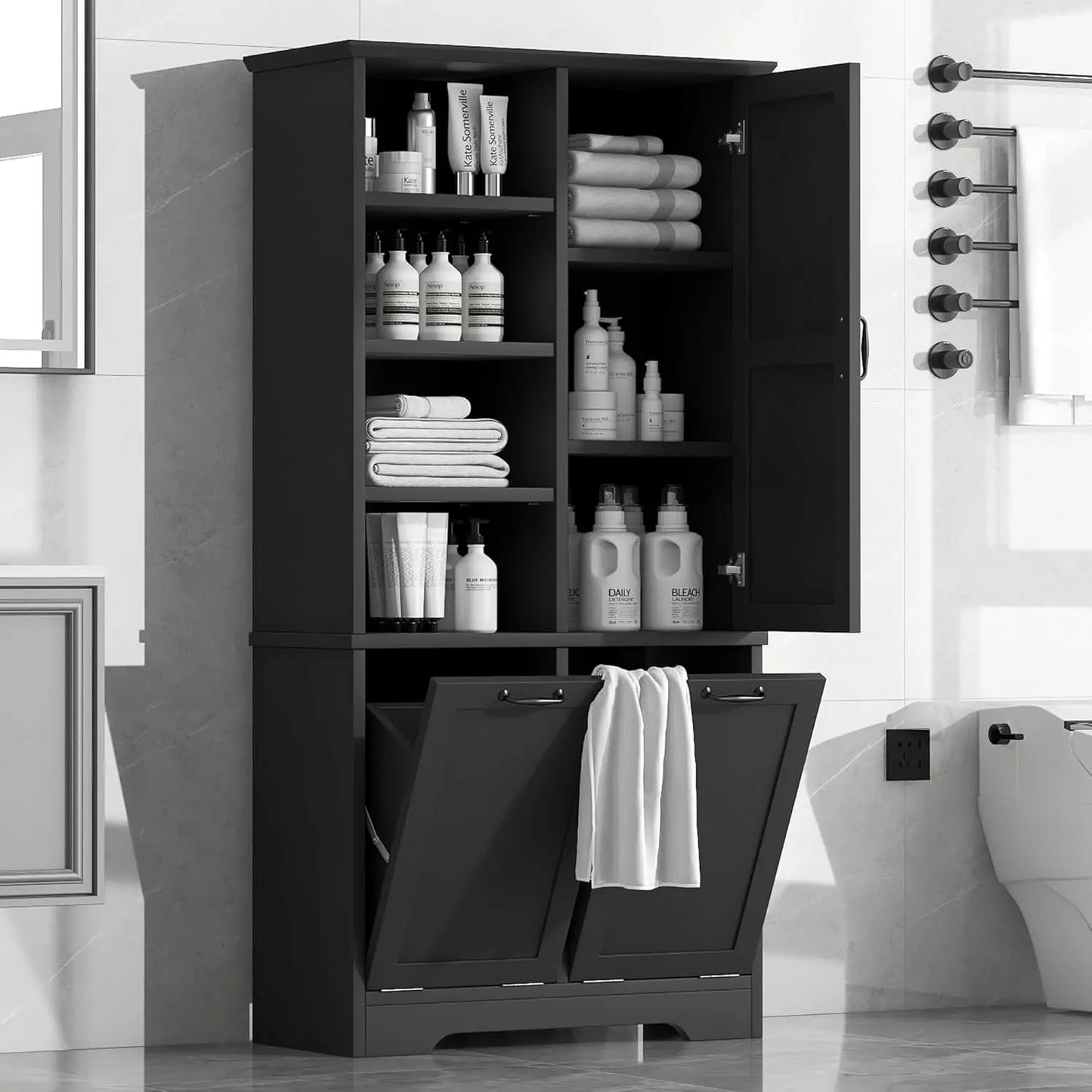 68" Tall Bathroom Storage Cabinet with 2 Tilt Out Laundry Hamper Door & Adjustable Shelves