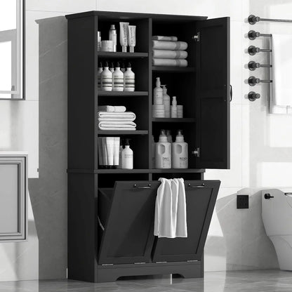 68" Tall Bathroom Storage Cabinet with 2 Tilt Out Laundry Hamper Door & Adjustable Shelves