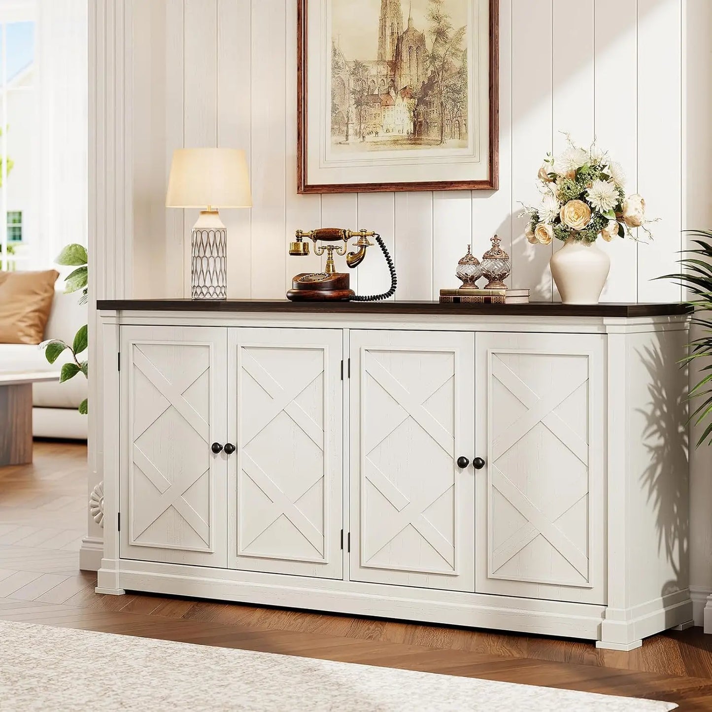 63 Inch Solid Wood Sideboard Buffet Cabinet w/ 4 Barn Doors
