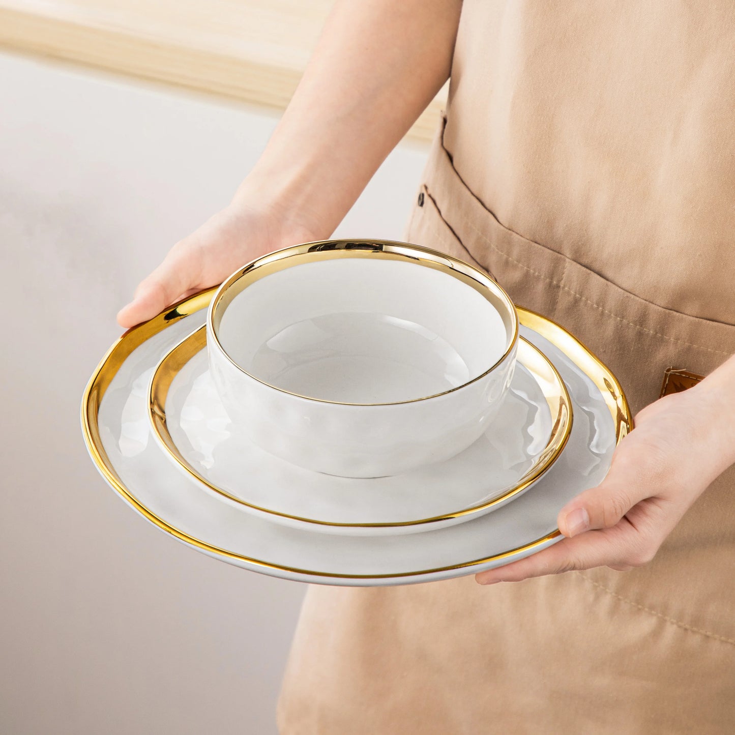 12/24 Piece White with Golden Rim Porcelain Dinnerware Sets