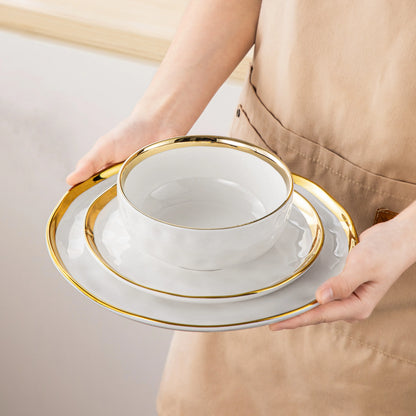 12/24 Piece White with Golden Rim Porcelain Dinnerware Sets