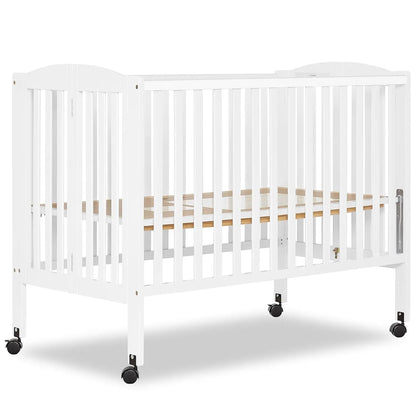 Full-Size Baby Crib is Portable with Quick Fold System, Strong Wheels, Adjustable Mattress Heights