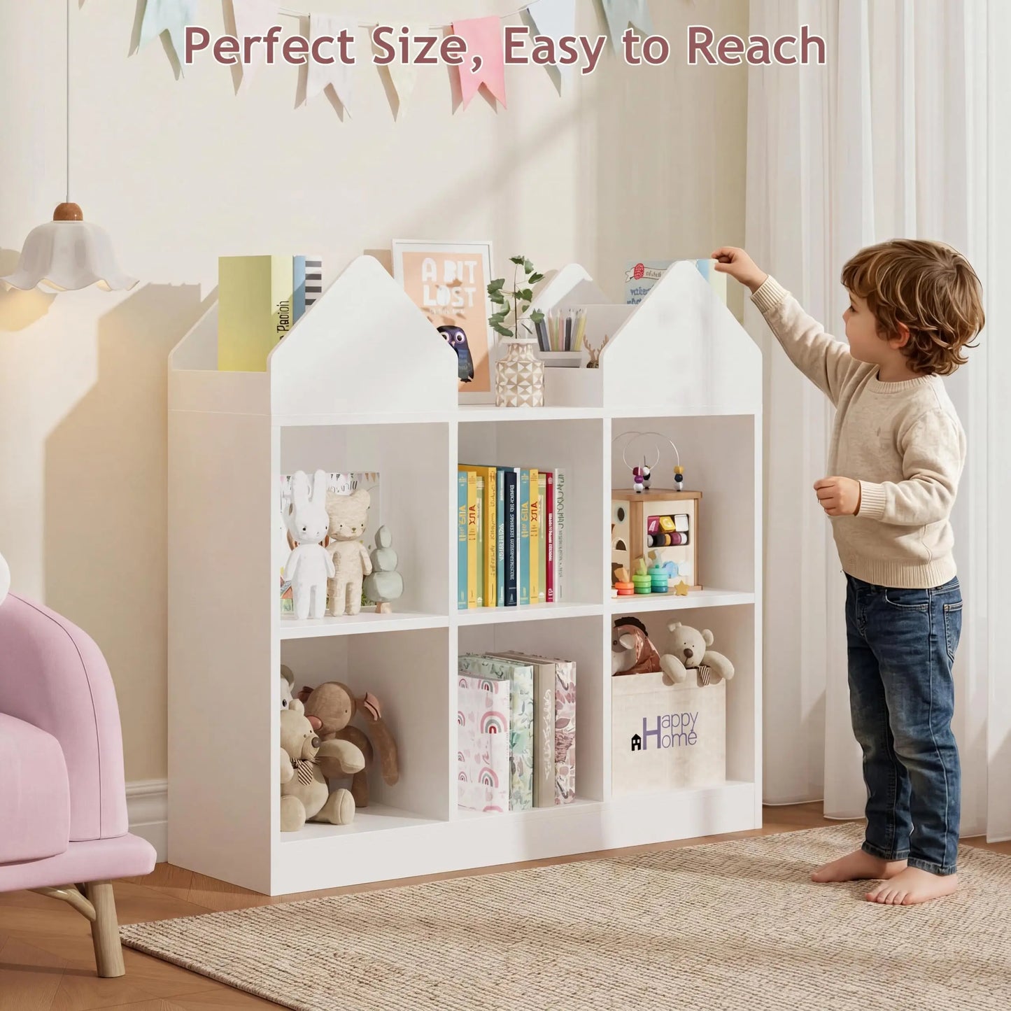 Castle Design Toy Storage Organizer with Book Racks & Open Cubbies