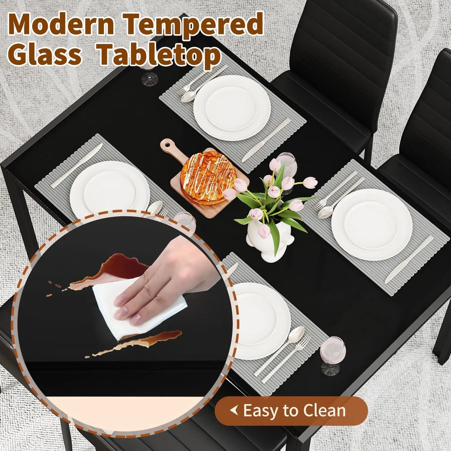 5-Piece Glass Dining Table Set for 4 with Upholstered Chairs