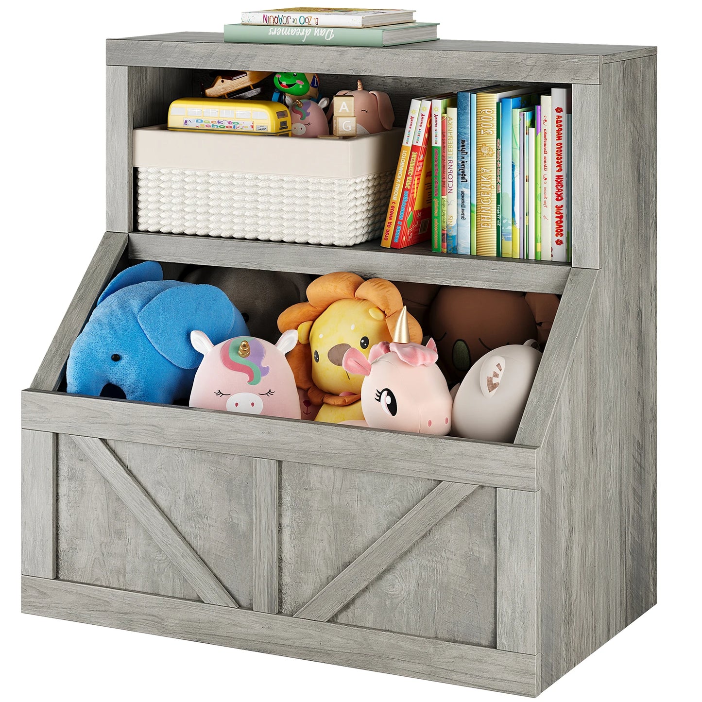 Kids Toy Storage Chest with Open Bookcase