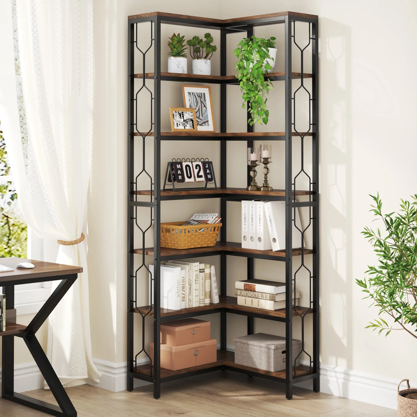 7-Tier Corner Bookshelf with Open Display Shelves