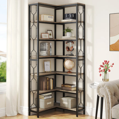 7-Tier Corner Bookshelf with Open Display Shelves
