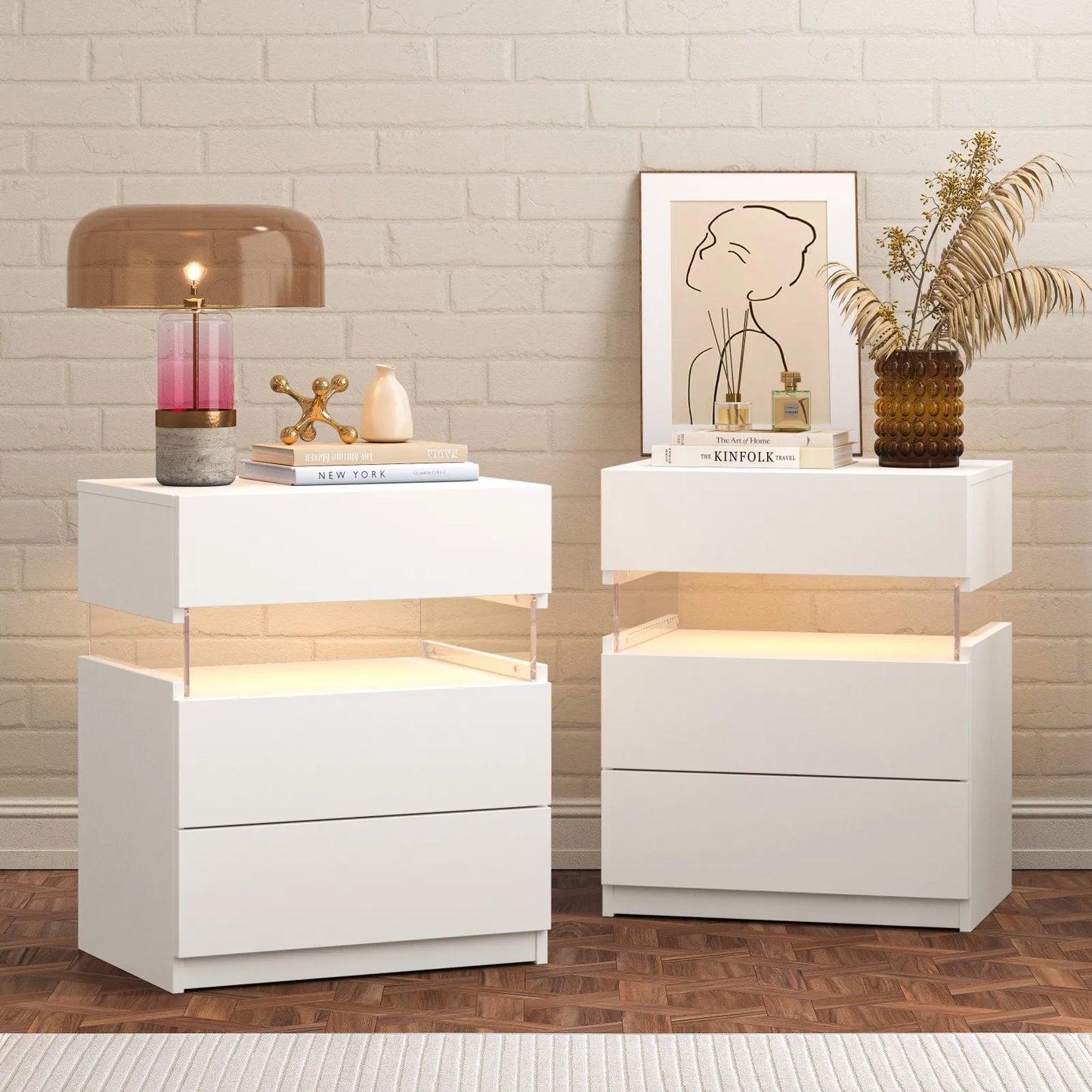 Bedside Tables Set with LED Lighting & 3 Drawers