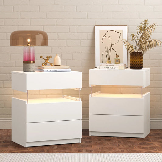 Bedside Tables Set with LED Lighting & 3 Drawers