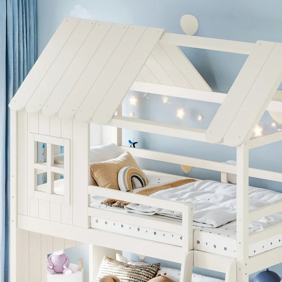 Twin over Full House Bunk Bed with Ladders and Slide
