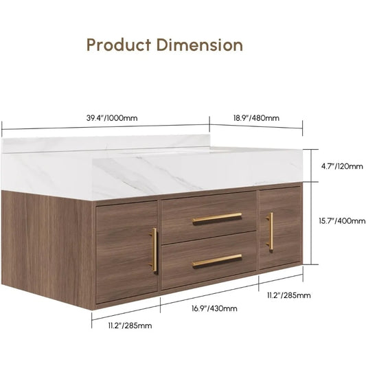 Floating Bathroom Vanity with Sintered Stone Vessel Sink 2 Drawers