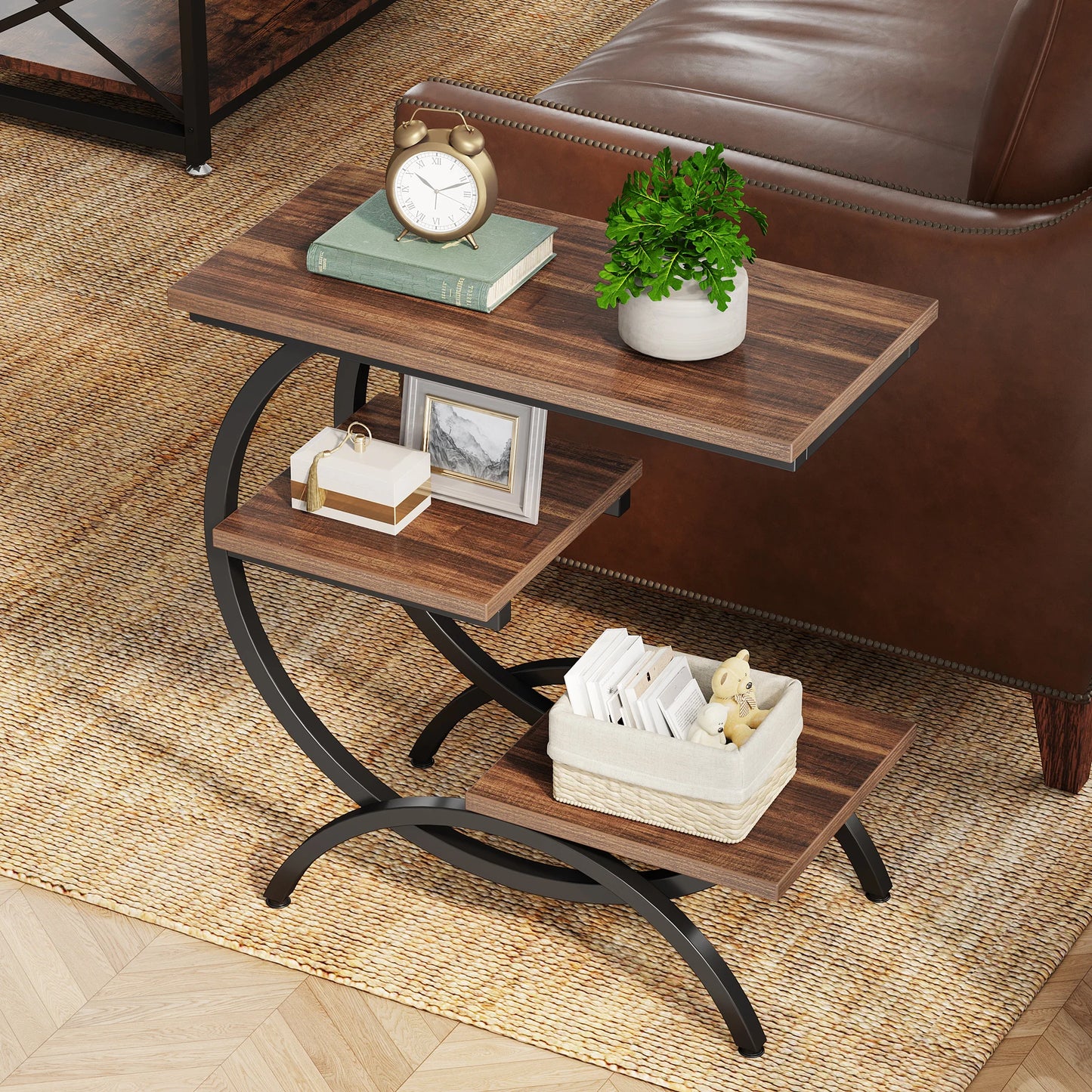3-Tier, C-Shaped End Table with Storage Shelves