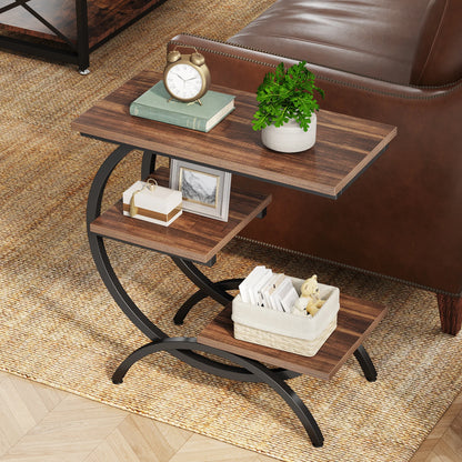 3-Tier, C-Shaped End Table with Storage Shelves